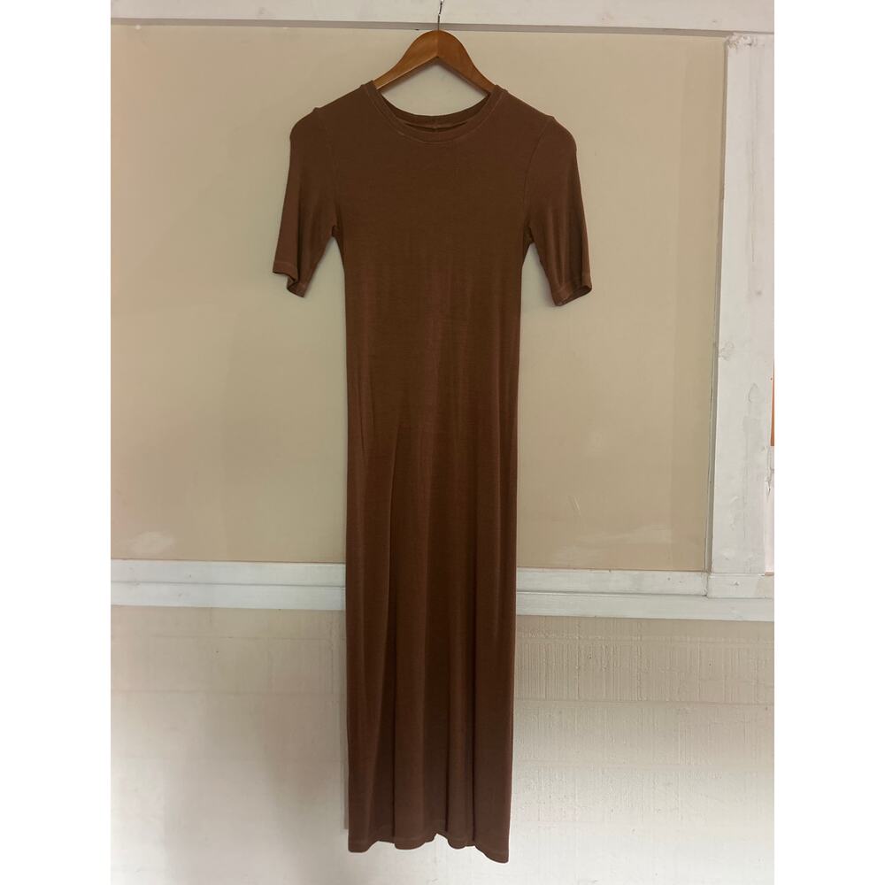 ENZA COSTA Silk Rib Crew Midi Dress COMFY MINIMALIST Tan Half Sleeve Fits S - Picture 7 of 8